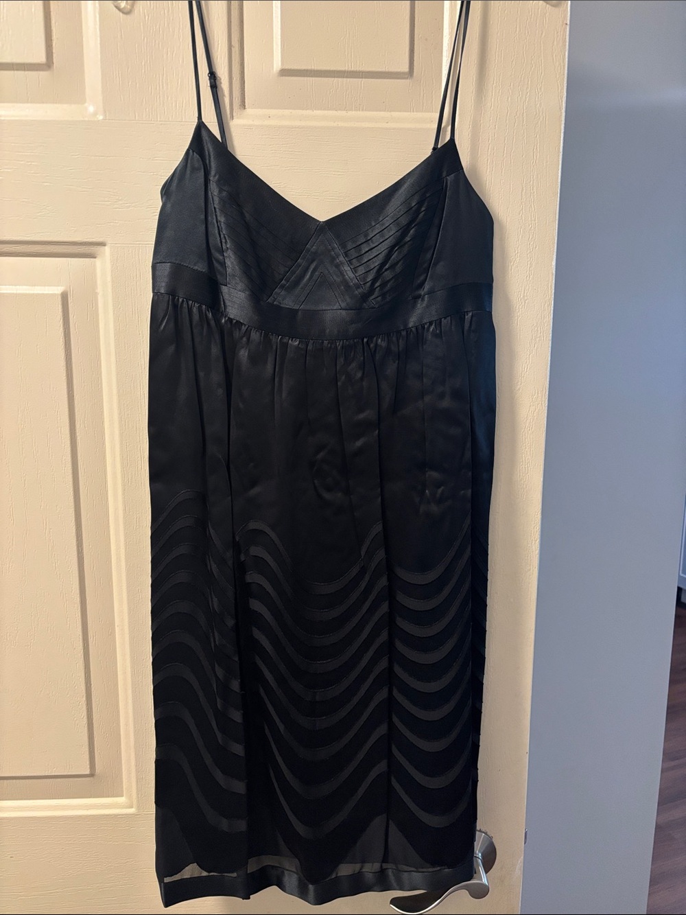 BCBGMaxAzria Black Satin Midi Slip Dress with Wave Paneling